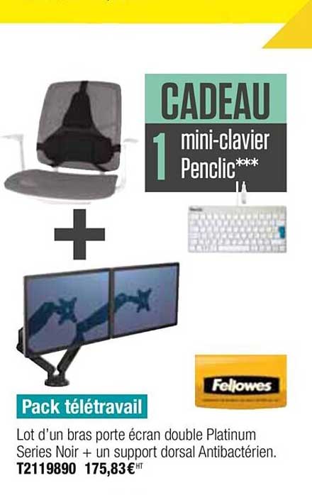 pack télétravail lot d'un bras porte écran double platinum series noir + un support dorsal antibactérien fellowes