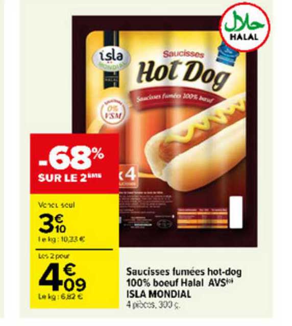 saucisses fumées hot-dog 100% bœuf halal avs isla mondial