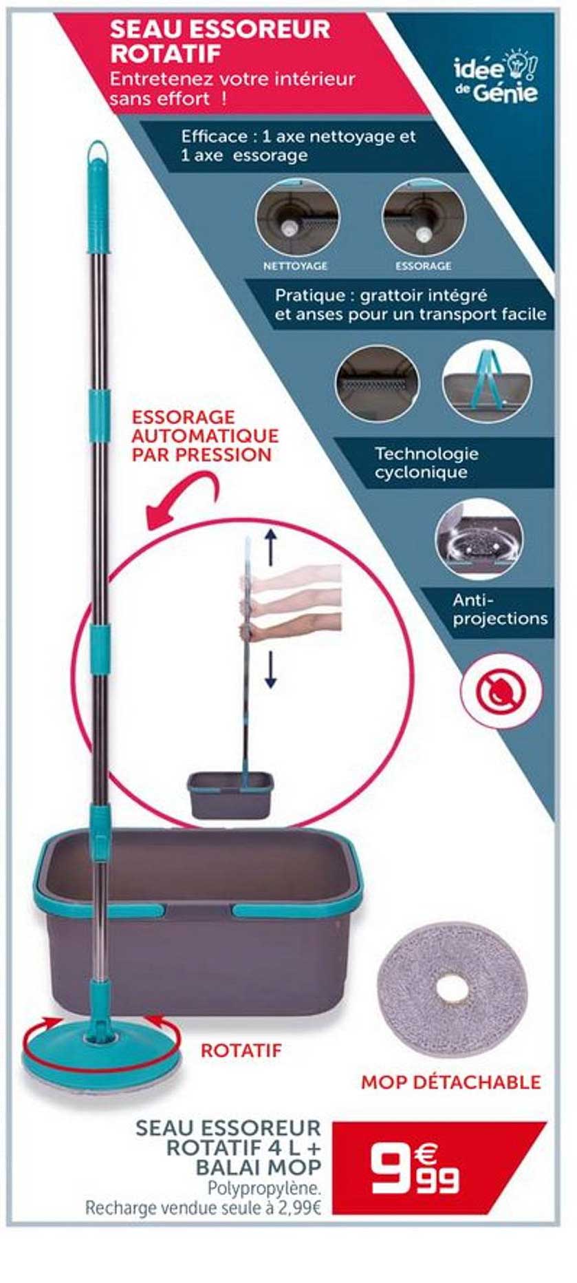 seau essoreur rotatif 4l + balai mop