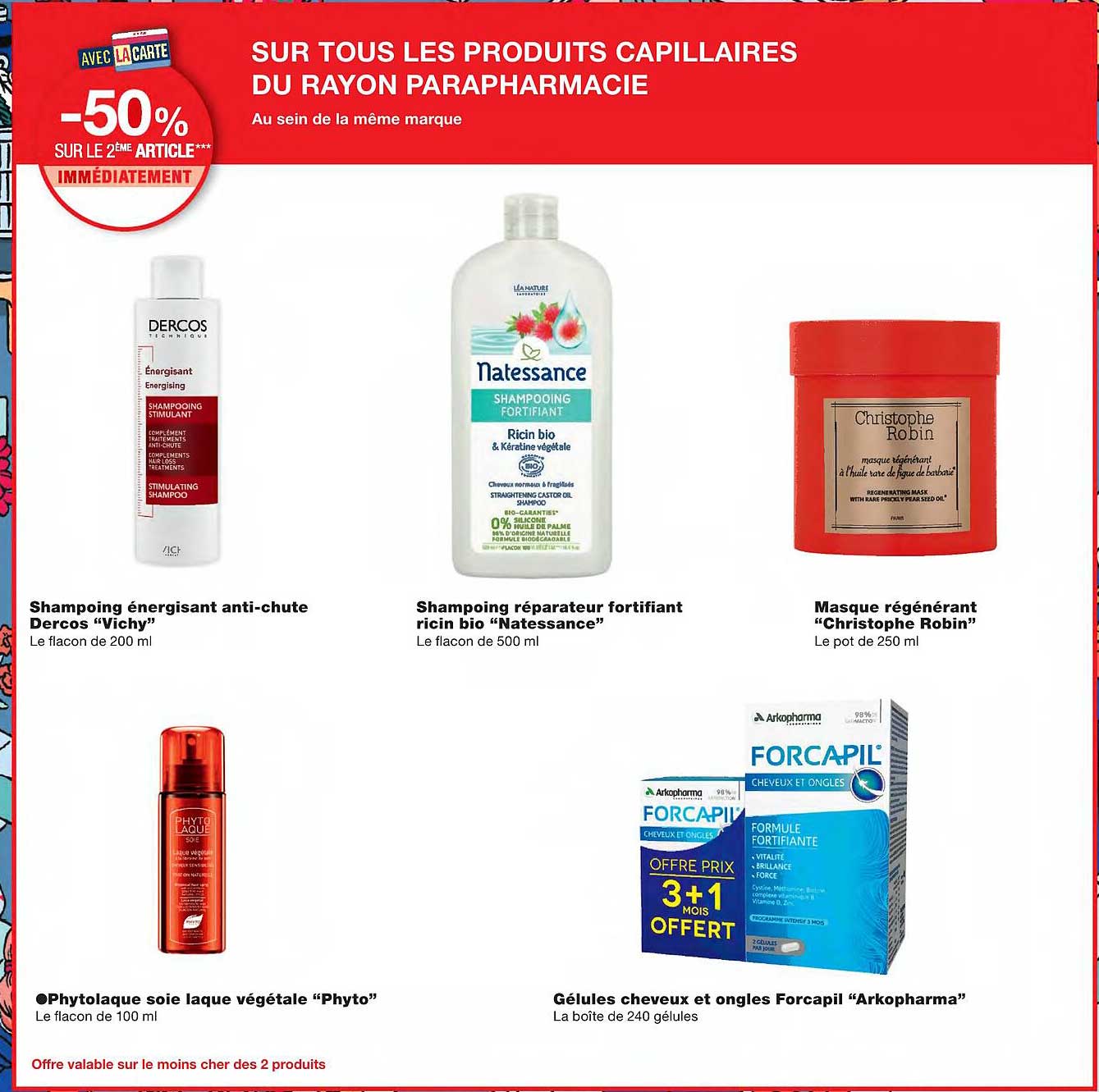shampoing énergisant anti-chute dercos "vichy", shampoing bio "natessance", masque "christophe robin", phytolaque soie laque végétale "phyto", gélules cheveux et ongles "arkopharma"