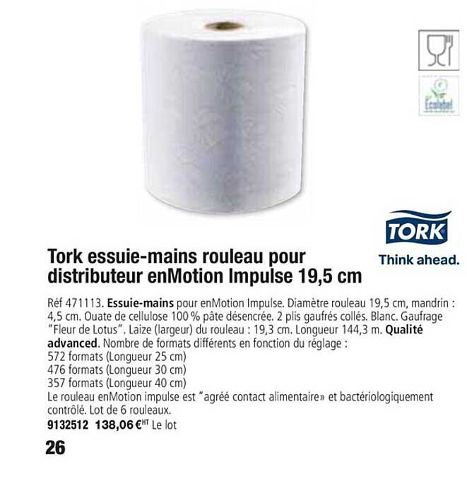 tork essuie mains rouleau pour distributeur enmotion impulse 19.5 cm