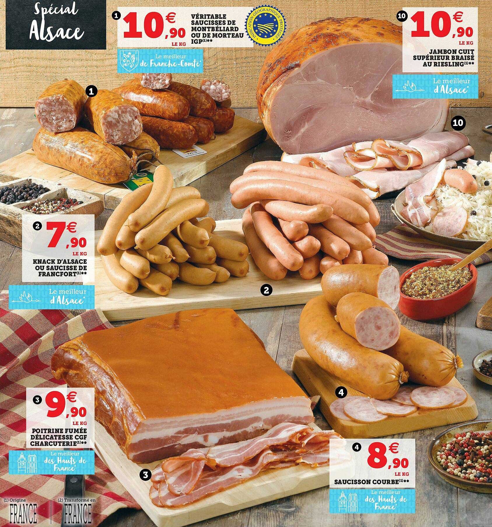 knack d'alsace ou saucisse de francfort, poitrine fumée délicatesse cgf charcuterie, saucisson courbé, jambon cuit supérieur brasse au riesling, véritable saucisse de montbéliard ou de morteau