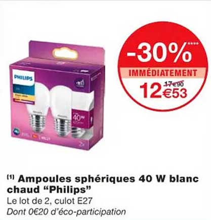 ampoules sphériques 40w blanc chaud "philips"