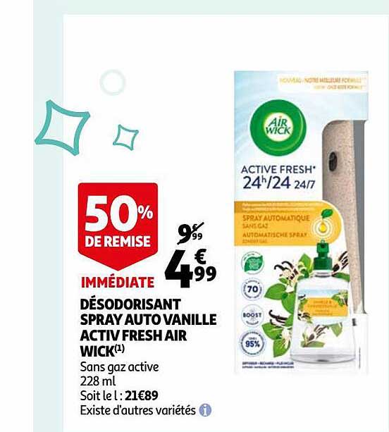 désodorisant spray auto vanille activ fresh air wick