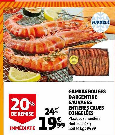 gambas rouges d'argentine sauvages entières crues congelées