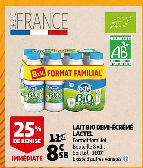 lait bio demi-écrémé lactel