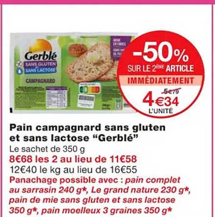 pain campagnard sans gluten et sans lactose gerblé