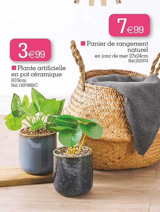 Plante Artificielle En Pot Céramique, Panier De Rangement Naturel