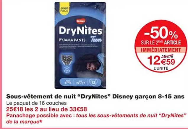 sous-vêtement de nuit "dry nites" disney garçon 8-15 ans