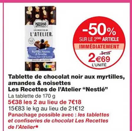 tablette de chocolat noir aux myrtilles, amandes & noisettes les recettes de l'atelier nestlé