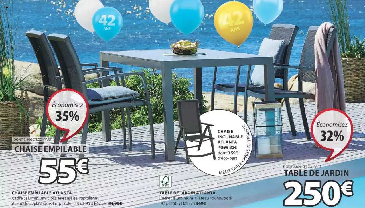 chaise empilable atlanta, table de jardin atlanta