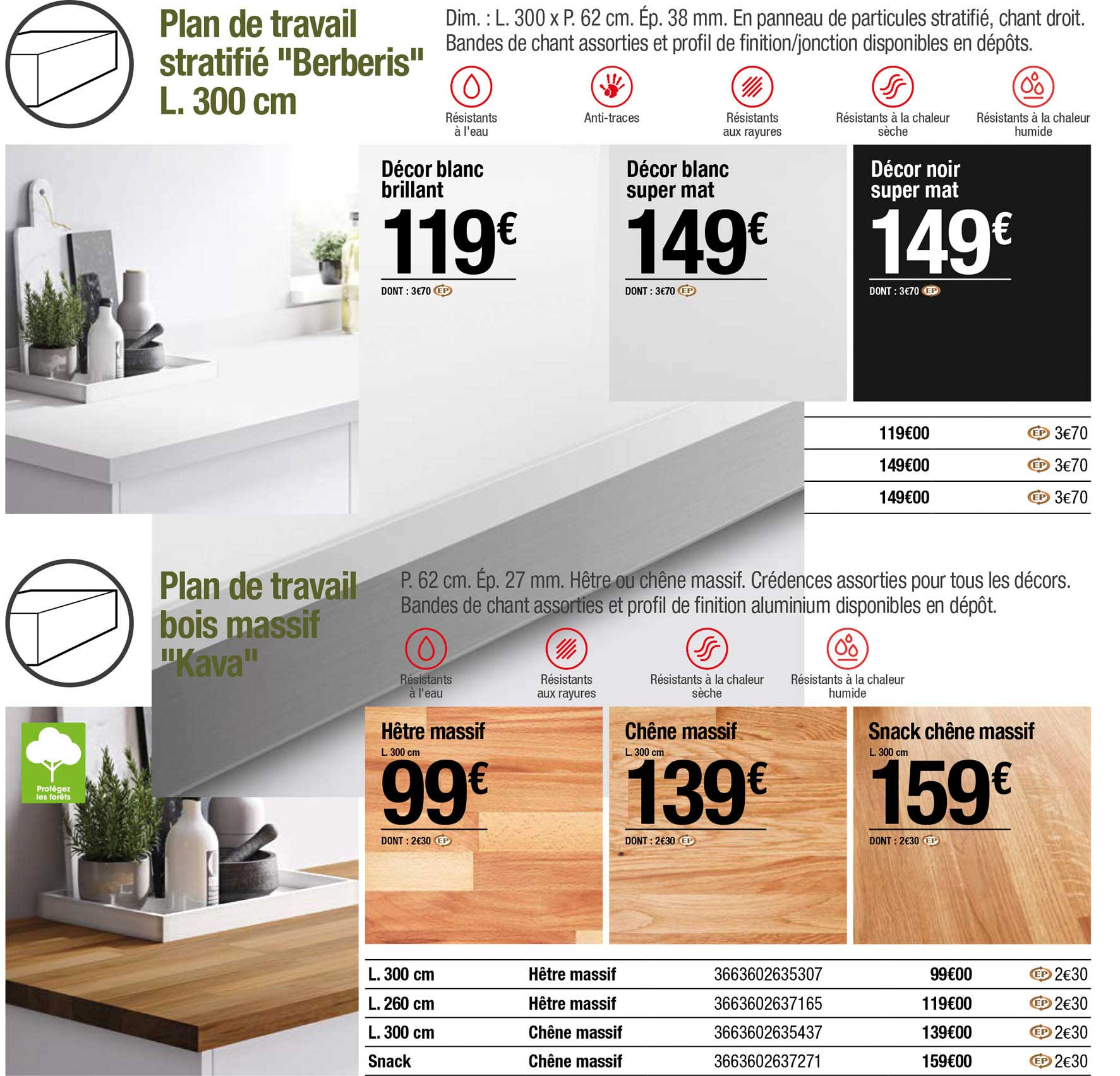 décor blanc brillant, décor blanc super mat, hêtre massif, chêne massif, snack chêne massif