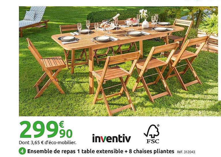 ensemble de repas 1 table extensible + 8 chaises pliantes inventiv