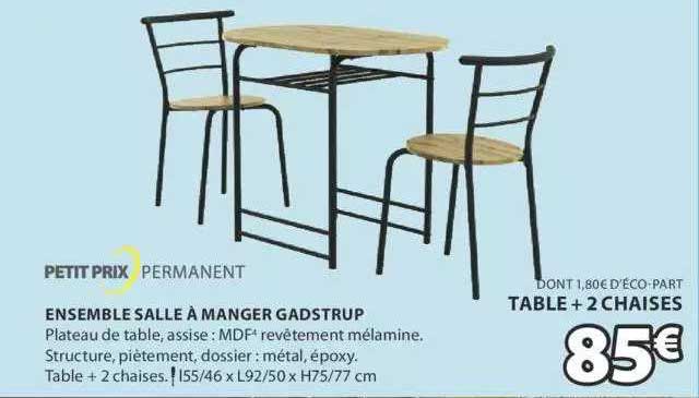 ensemble salle à manger gadstrup : table + 2 chaises