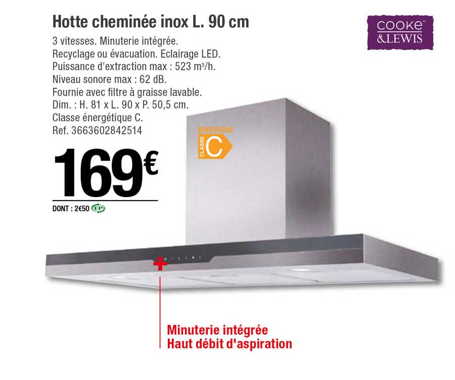 hotte cheminée inox l. 90 cm cooke&lewis