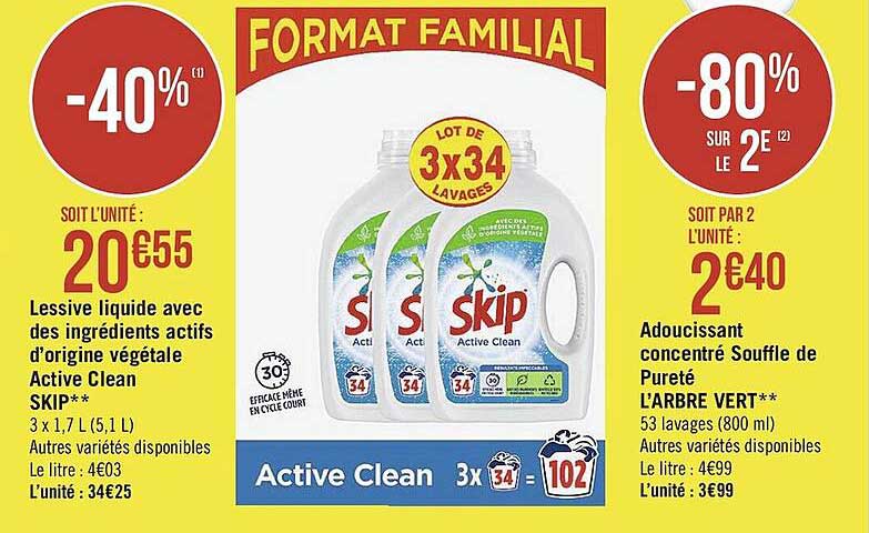 lessive liquide avec des ingrédients actifs d'origine végétale active clean skip, adoucissant concentré souffle de pureté l'arbre vert