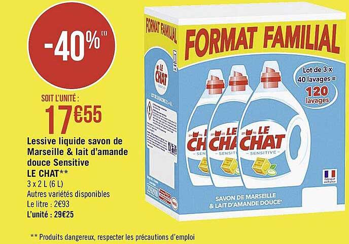 lessive liquide savon de marseille & lait d'amande douce sensitive le chat
