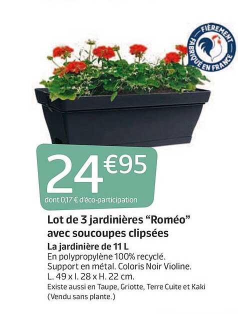 lot de 3 jardinières "roméo" avec soucoupes clipsées