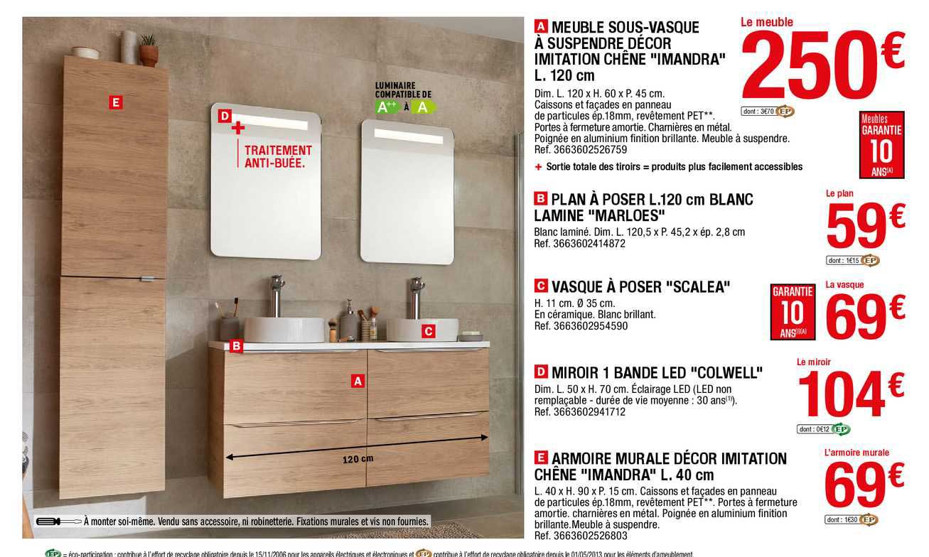 meuble sous-vasque à suspendre décor imitation chêne "imandra", plan à poser "marloes", vasque à poser "scalea", miroir 1 bande led "colwell", armoire murale "imandra"