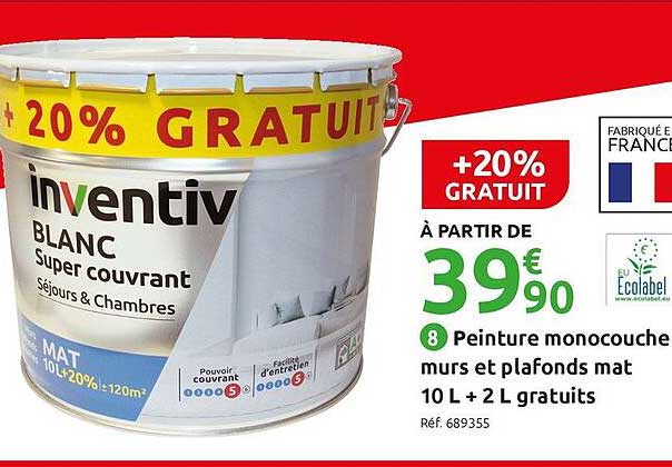 peinture monocouche murs et plafonds mat 10 l  + 2 m gratuits inventiv