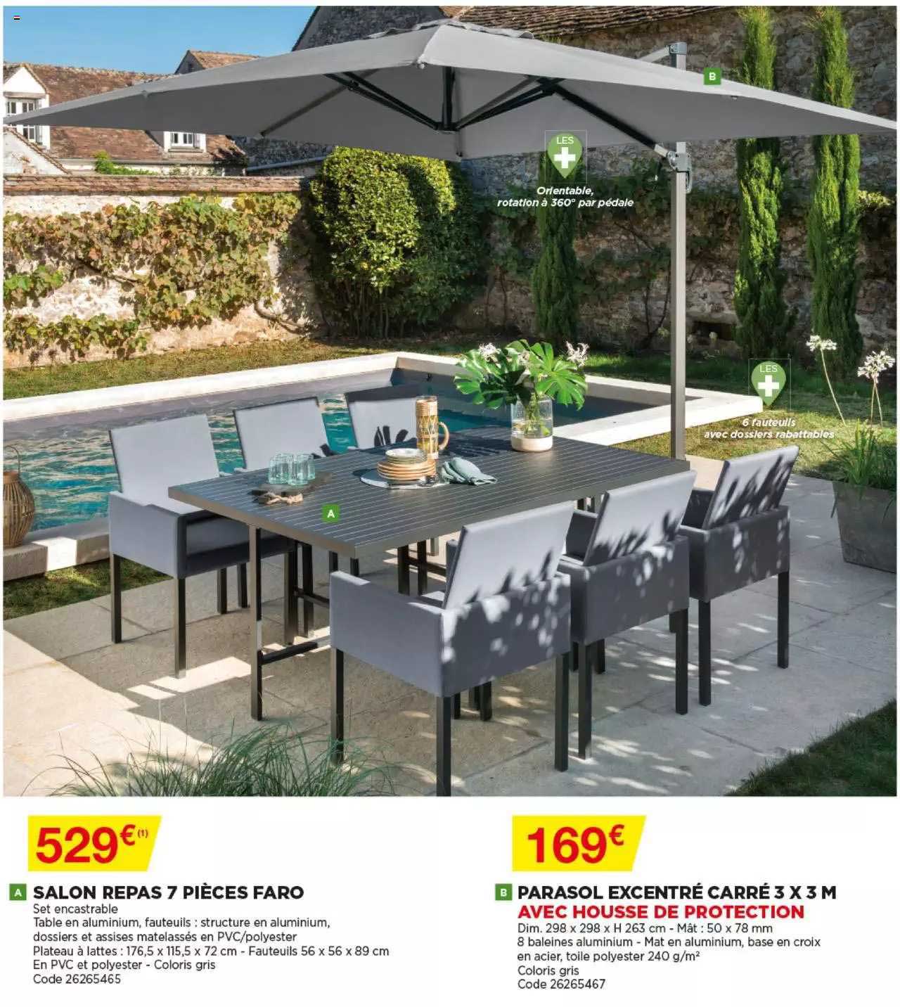 Salon Repas 7 Pièces Faro, Parasol Excentré Carré 3 X 3m Avec Housse De Protection