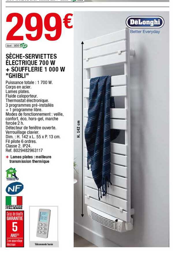 sèche-serviettes électrique 700 w + soufflerie 1000 w "ghibli"