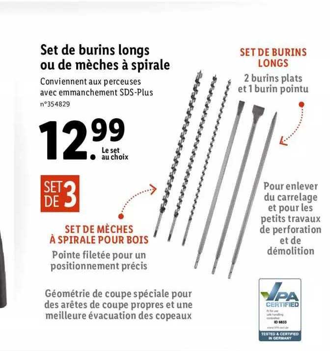set de burins longs ou de mèches à spirale