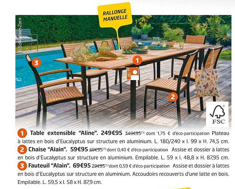 table extensible "aline", chaise "alain", fauteuil "alain"