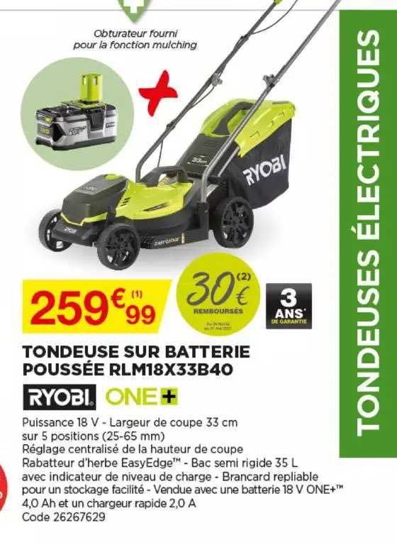 tondeuse sur batterie poussée rlm18x33b40 ryobi