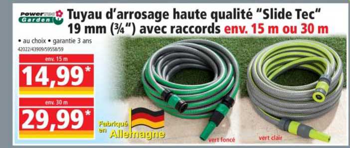 tuyau d'arrosage haute qualité "slide tec" 19 mm avec raccords power garden