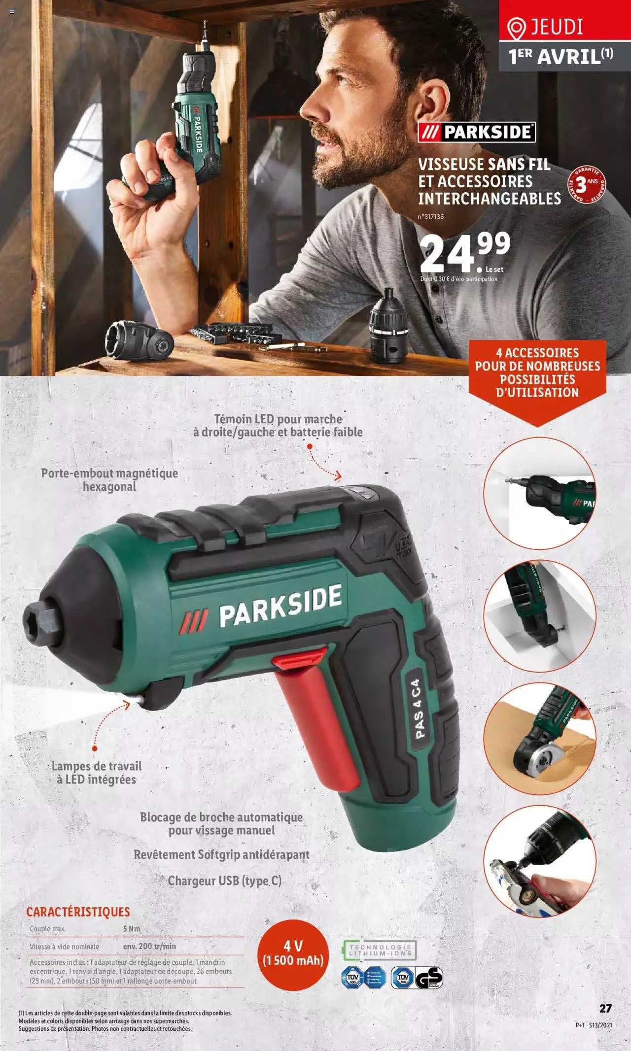 visseuse sans fil et accessoires interchangeables parkside