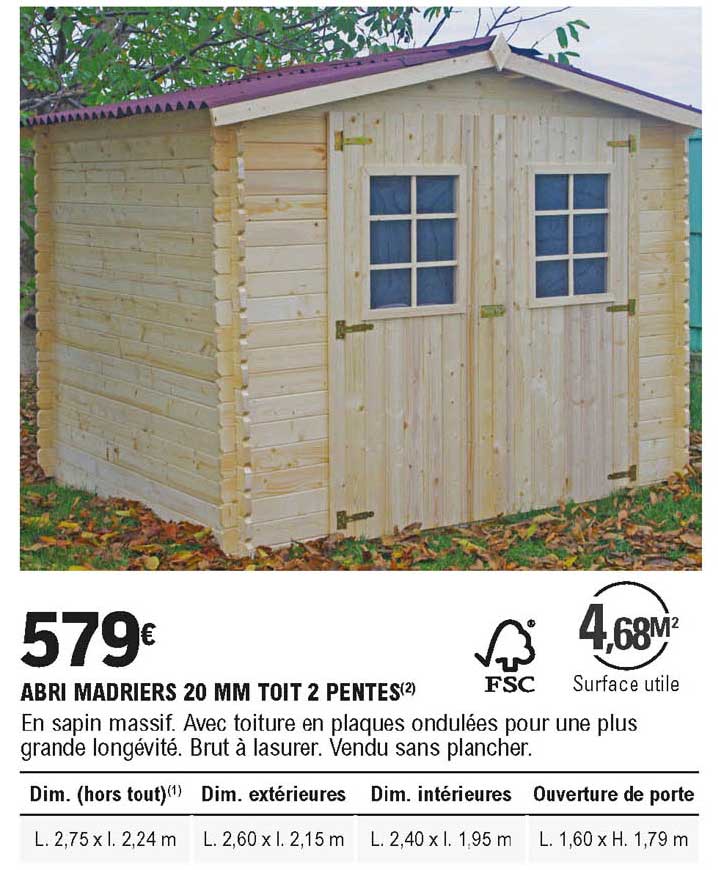 abri madriers 20 mm toit 2 pentes