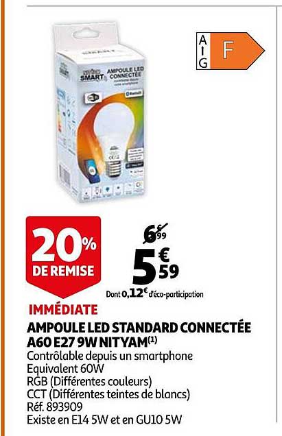 ampoule led standard connectée a60 e27 9w nityam 20% de remise immédiate