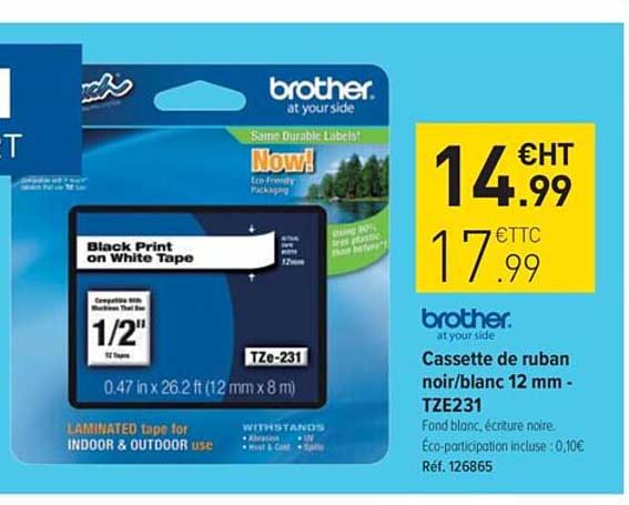 brother cassette de ruban noir ou blanc tze231