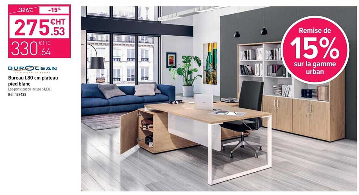 burocean l80 cm plateau pied blanc