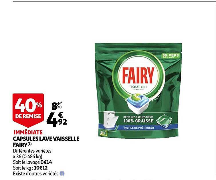 capsules lave vaisselle fairy 40% de remise immédiate