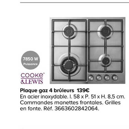cooke&lewis plaque gaz 4 brûleurs