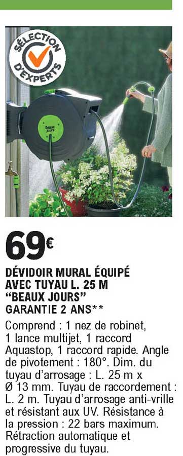 dévidoir mural équipé avec tuyau l. 25 m beaux jours