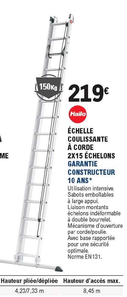 échelle coulissante à corde 2x15 échelons hailo garantie constructeur 10 ans