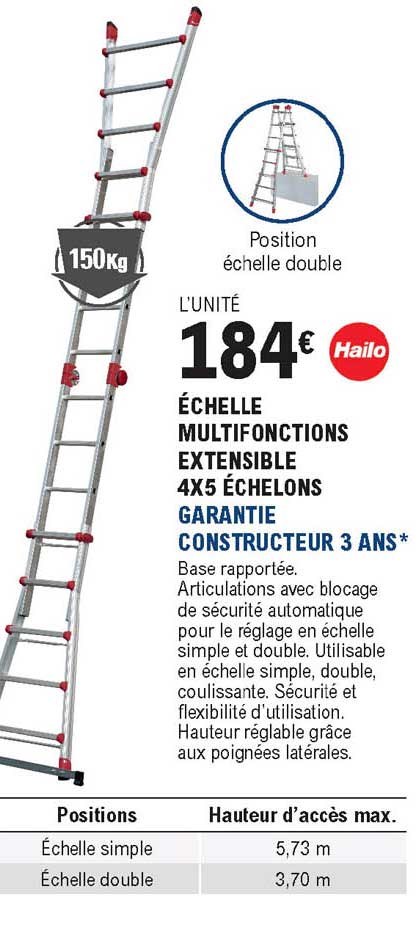 échelle multifonctions extensible 4x5 échelons hailo garantie constructeur 3 ans