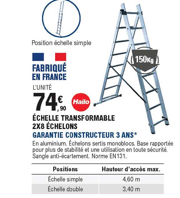 échelle transformable 2x8 échelons hailo garantie constructeur 3 ans