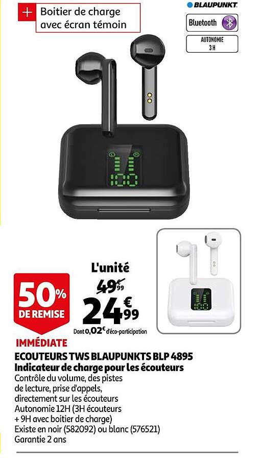 écouteurs tws blaupunkts blp4895 indicateur de charge pour les écouteurs 50% de remise immédiate