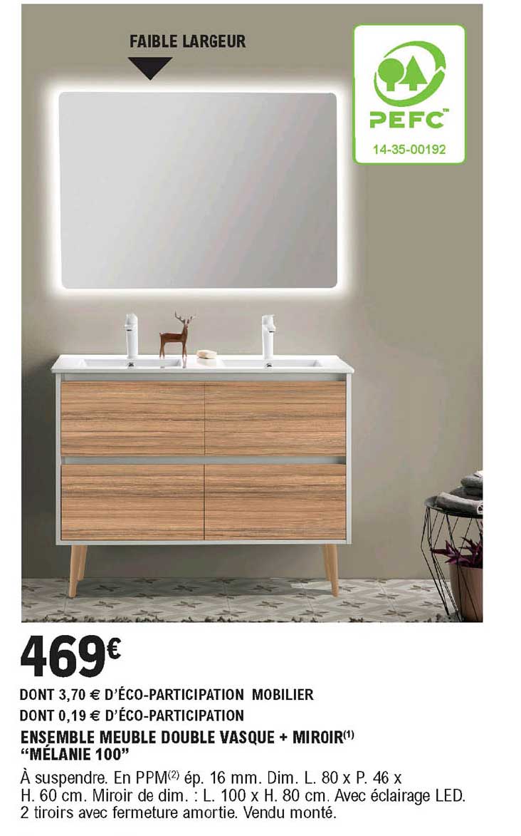 ensemble meuble double vasque + miroir "mélanie 100"