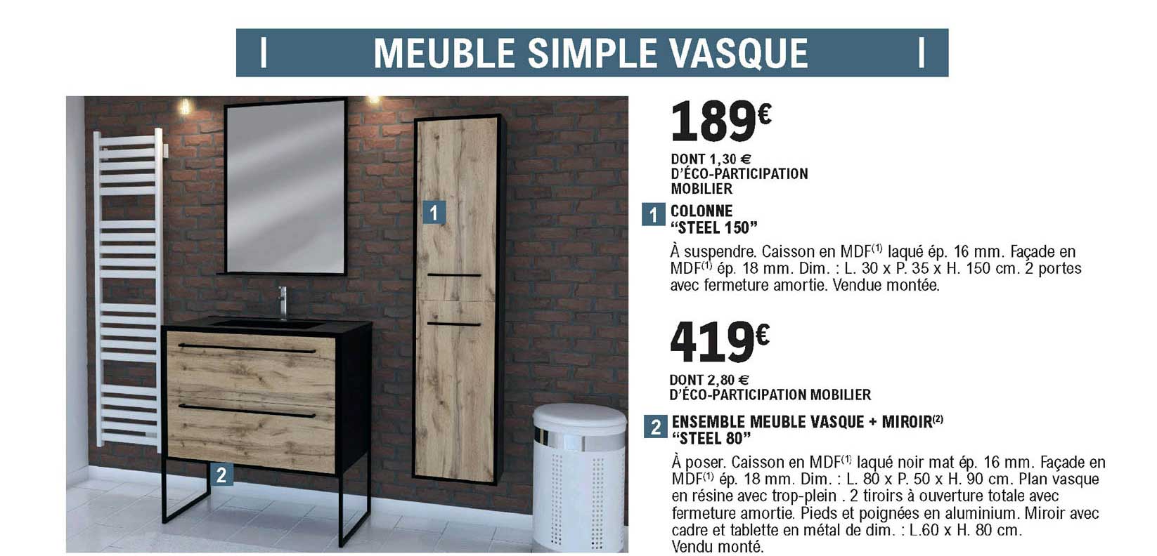 Ensemble Meuble Vasque + Miroir "steel 80" Ou Colonne "steel 150"