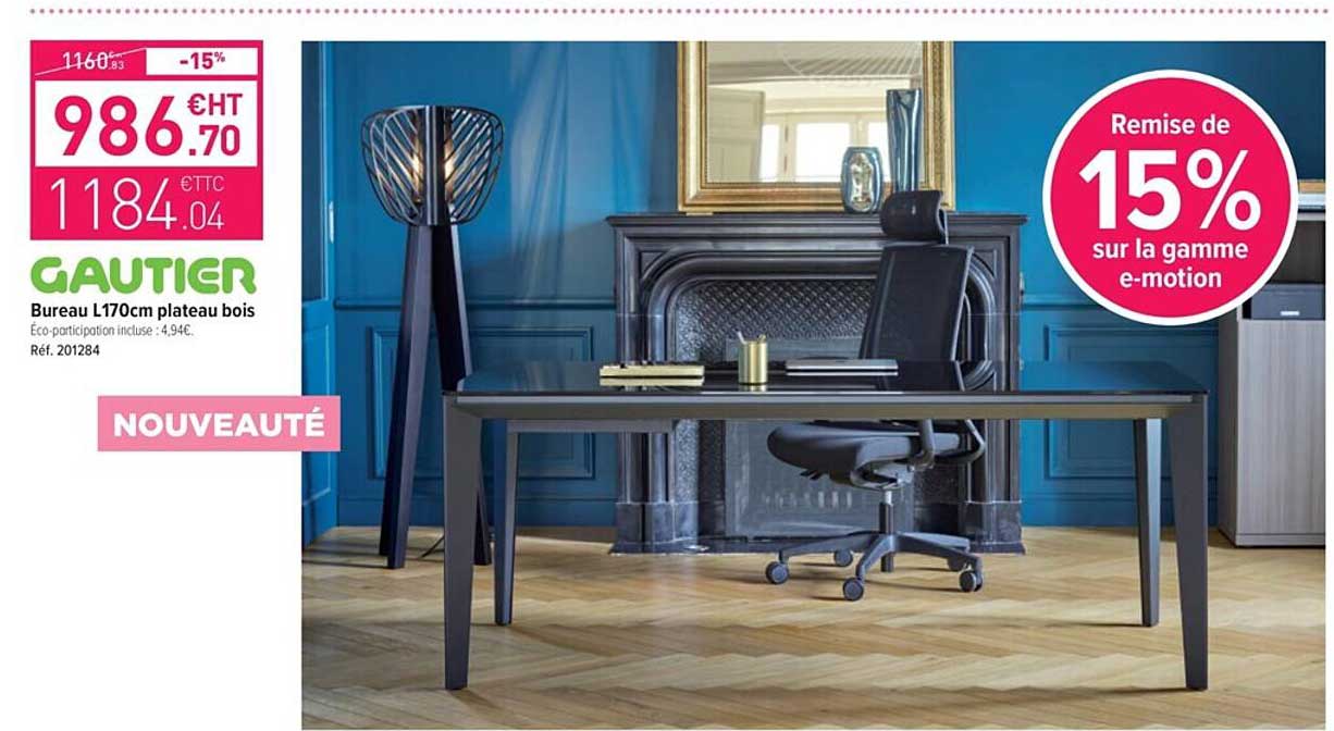 gautier bureau l170cm plateau bois