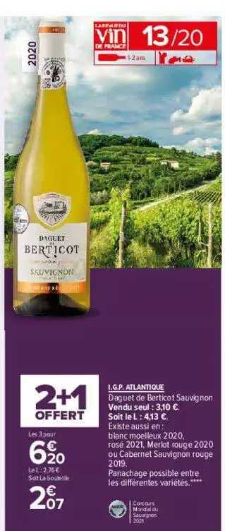 i.g.p. atlantique daguet de berticot sauvignon 2+1 offert