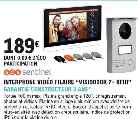 interphone vidéo filaire "visiodoor 7+ rfid"  garantie constructeur 3 ans scs sentinel