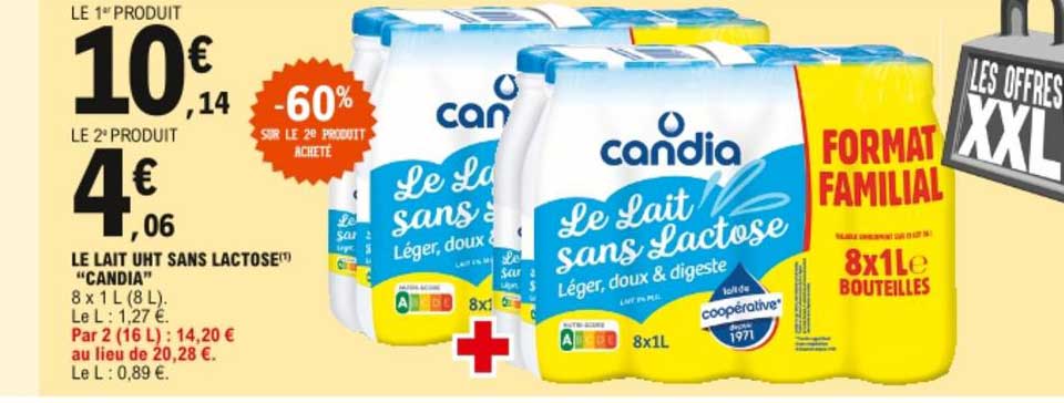 le lait uht sans lactose candia -60% sur le 2e produit acheté