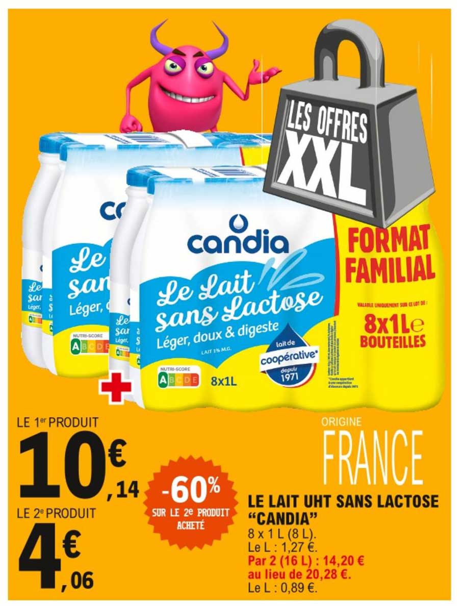 le lait uht sans lactose candia -60% sur le 2e produit acheté