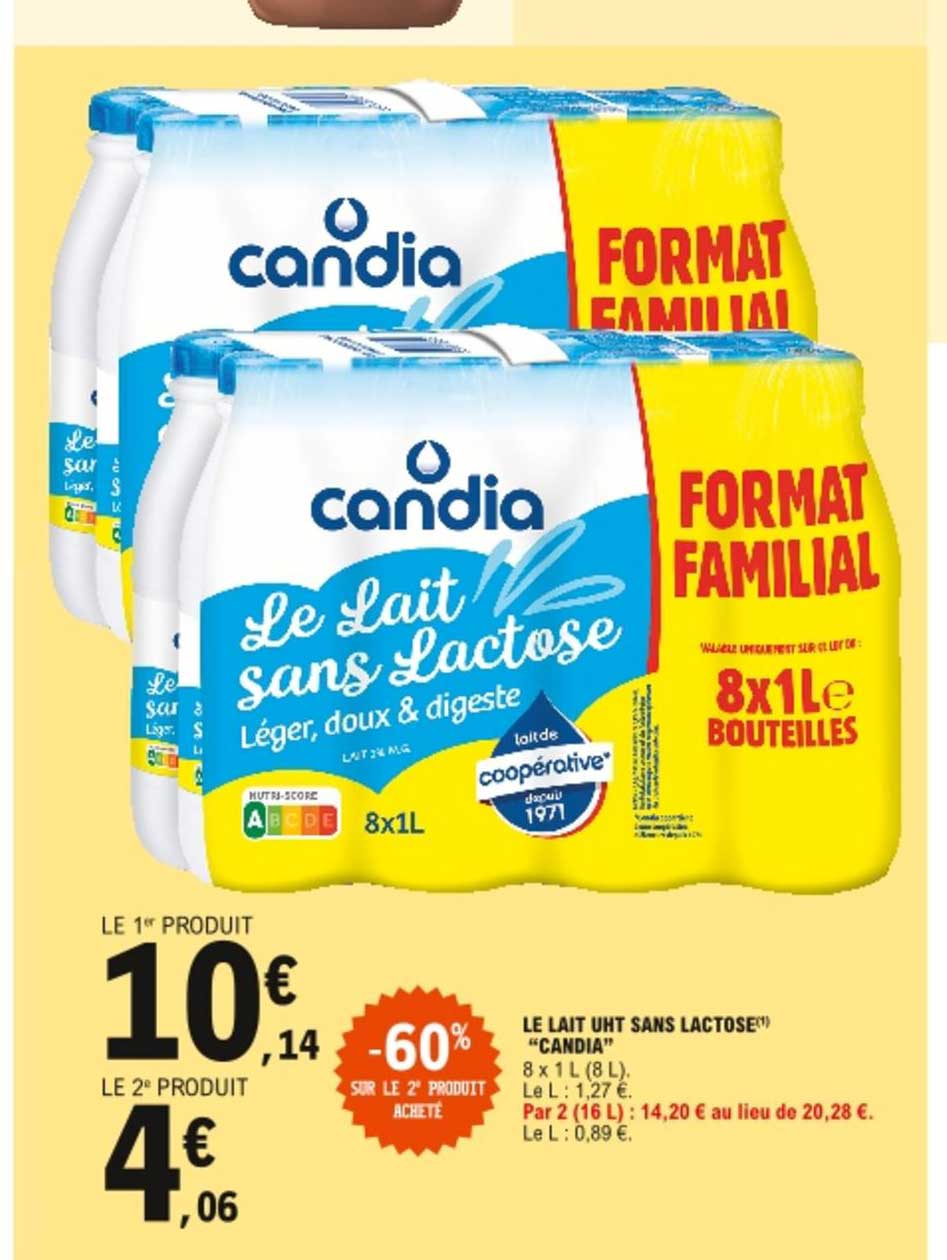 le lait uht sans lactose candia -60% sur le 2e produit acheté
